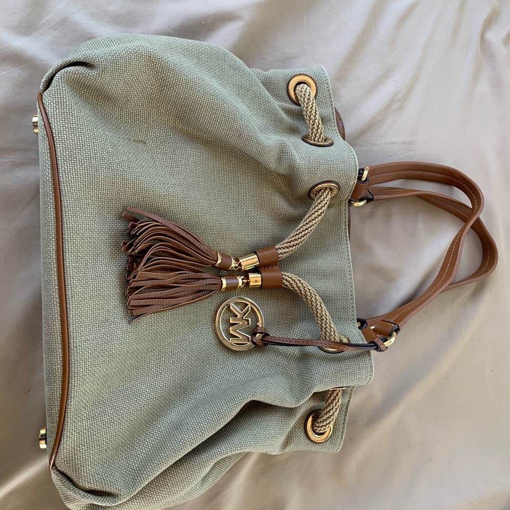 Michael Kors Cream and Brown Shoulder Bag with Gold Accents